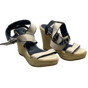 Jessica Simpson wedge heel sandals buckle ancle strap blue beige size 8.5 READ